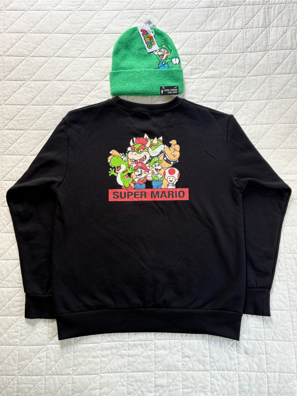 Nintendo Bandai Super Mario Crewneck Sweatshirt & Luigi Beanie Bundle - Men’s L